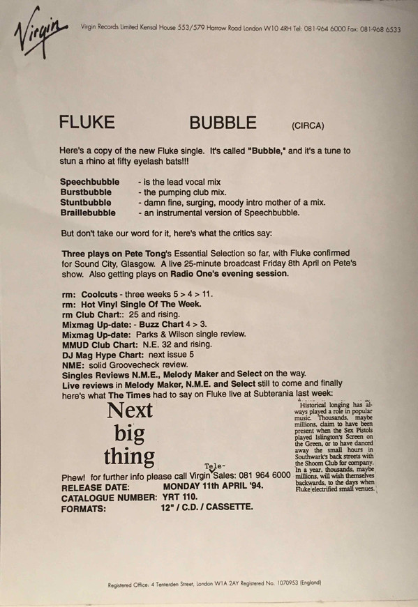 Fluke - Bubble (12", Promo, W/Lbl) (Very Good Plus (VG+)) - Image 2