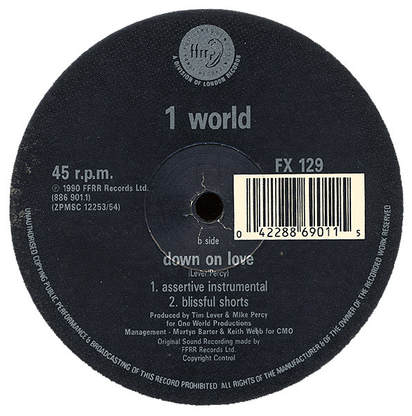 1 World - Down On Love (12", Single) (Near Mint (NM or M-)) - Image 2