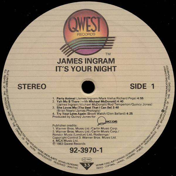 James Ingram - It's Your Night (LP, Album) (Near Mint (NM or M-)) - Image 3