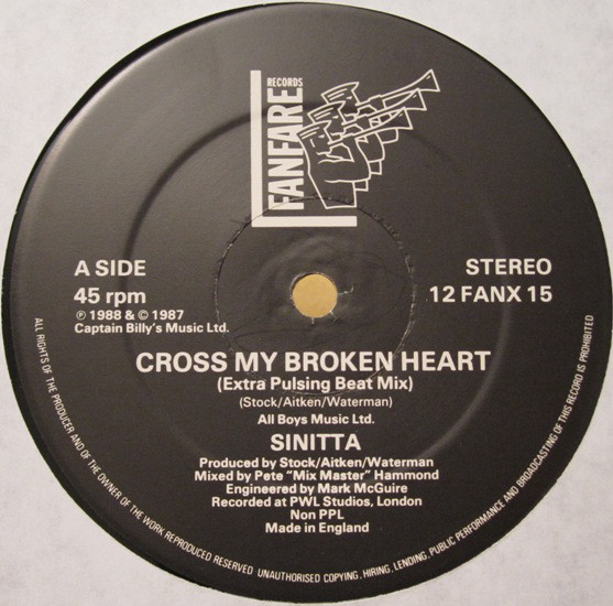 Sinitta - Cross My Broken Heart (Remix - Extra Pulsing Beat Mix) (12", EP) (Near Mint (NM or M-)) - Image 3